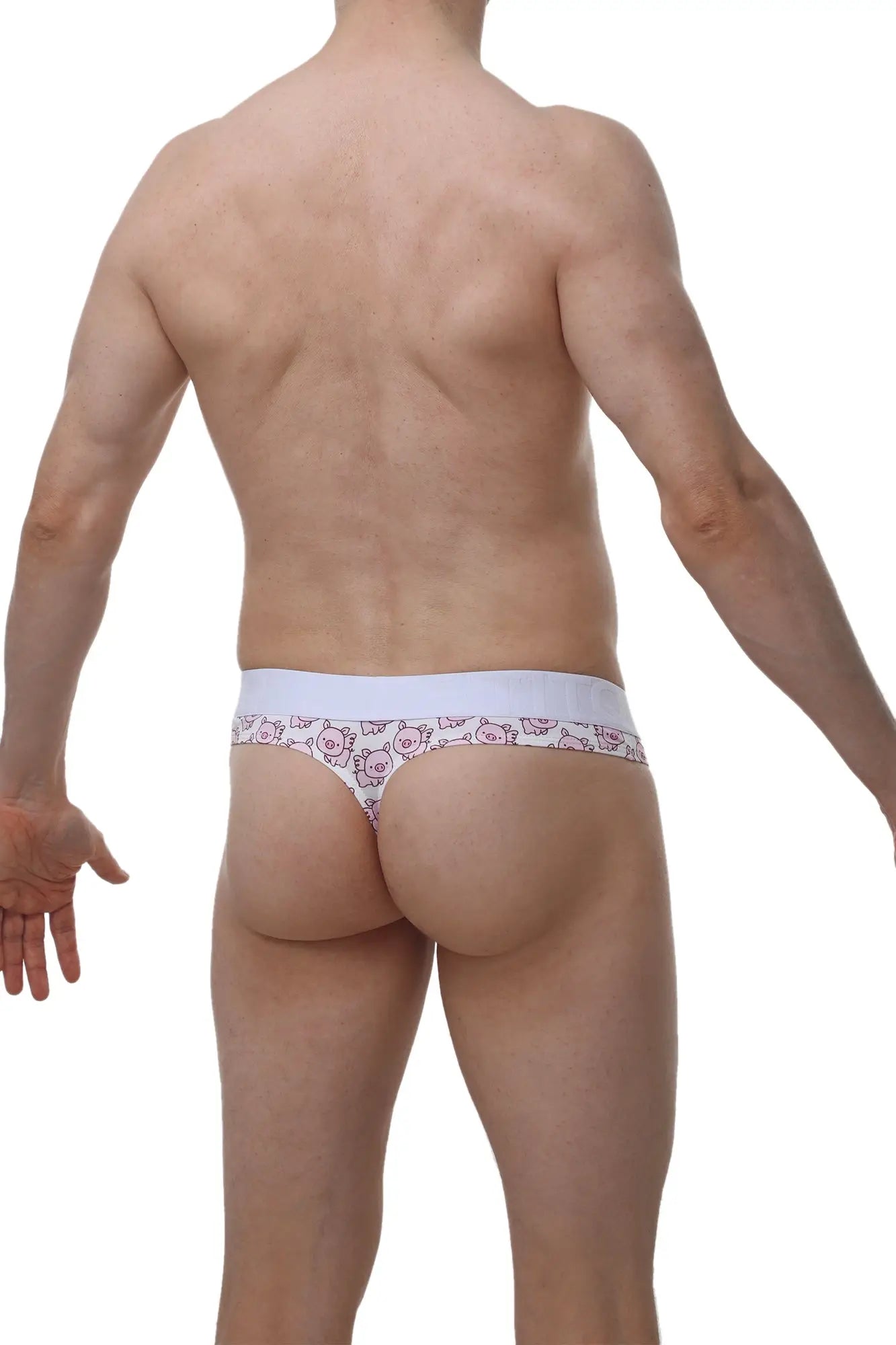 White thong with pink cartoon pig faces pattern from petitq thong hole cockring piggy love collection
