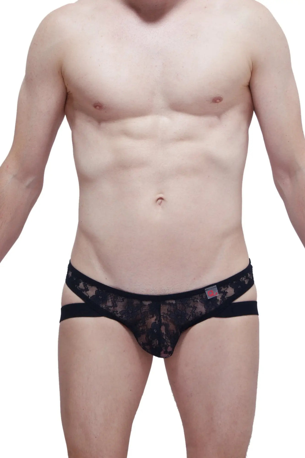 Black lace thong jockstrap with sheer patterned design and solid waistband by petitq shown from the back