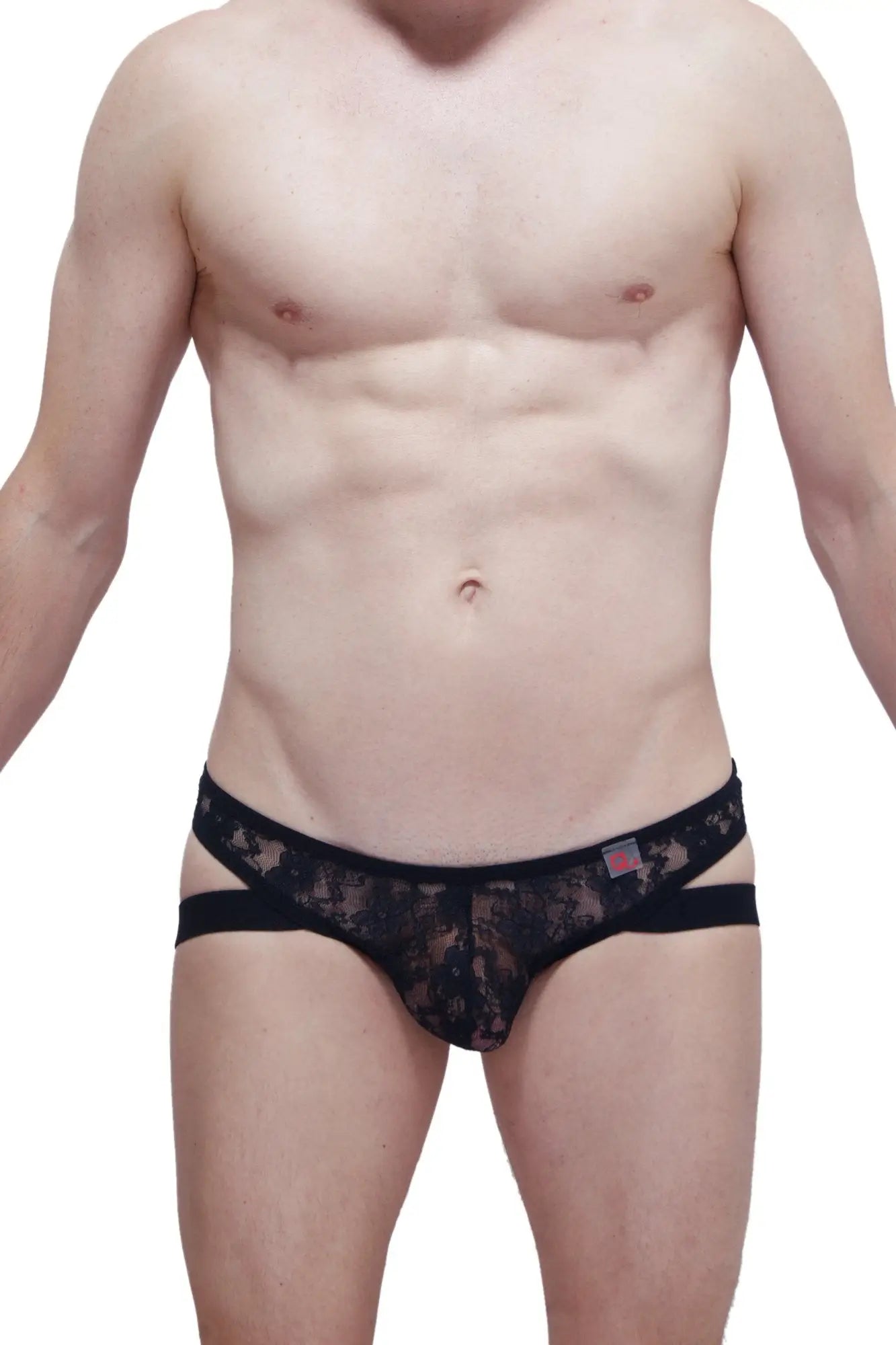 Black lace thong jockstrap with sheer patterned design and solid waistband by petitq shown from the back