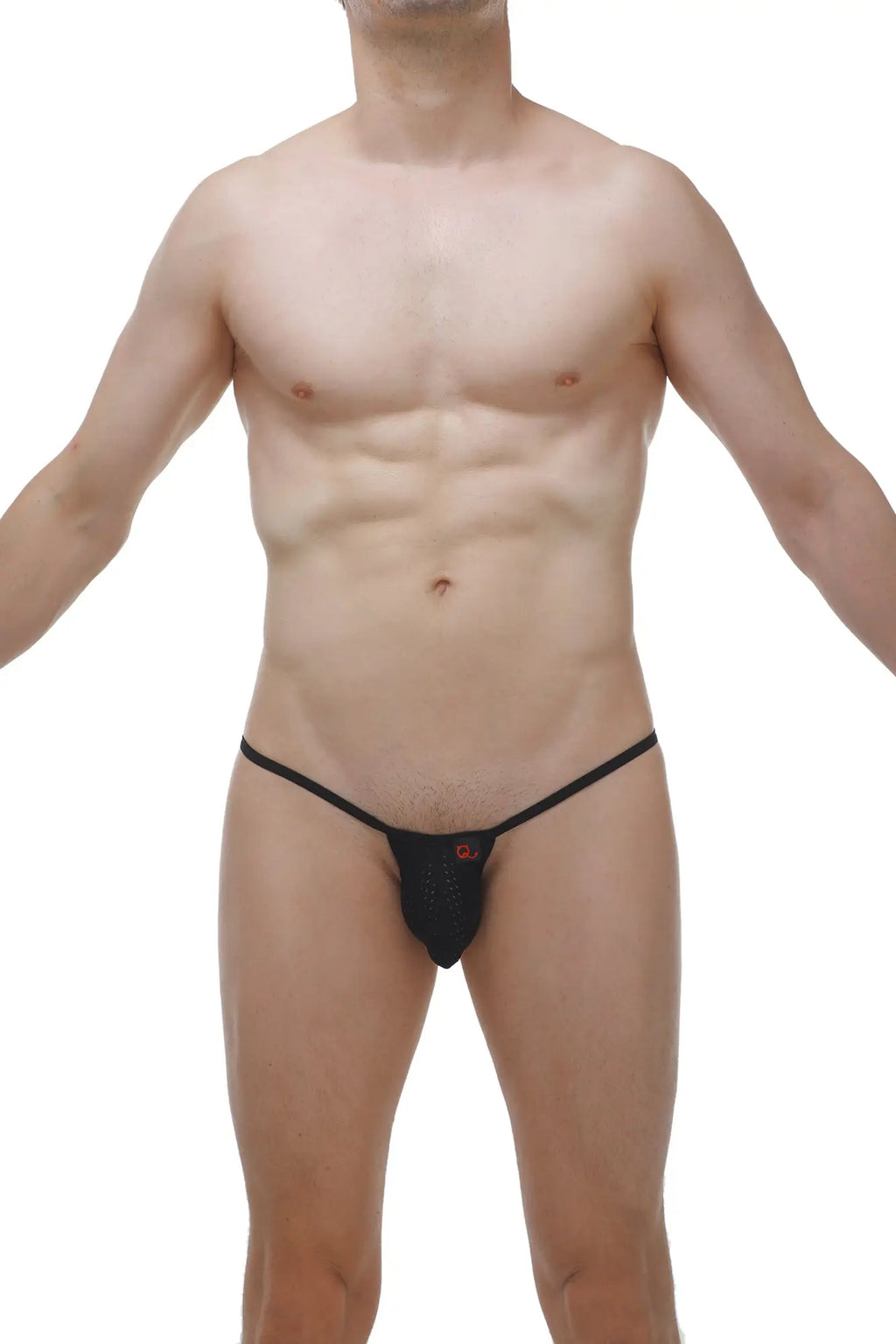 Petitq thong joeuf durtol black mesh thong with thin elastic straps and small red logo on front