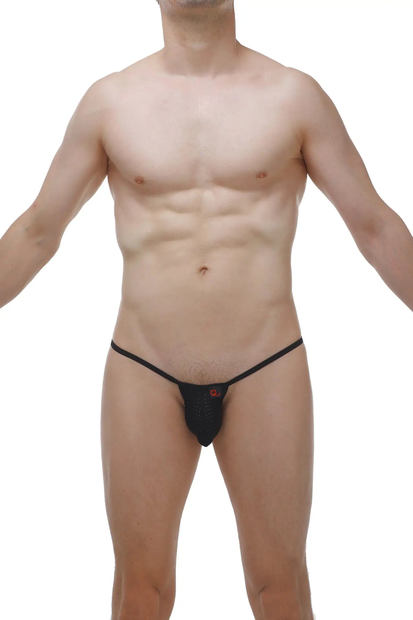 Petitq thong joeuf durtol black mesh thong with thin elastic straps and small red logo on front