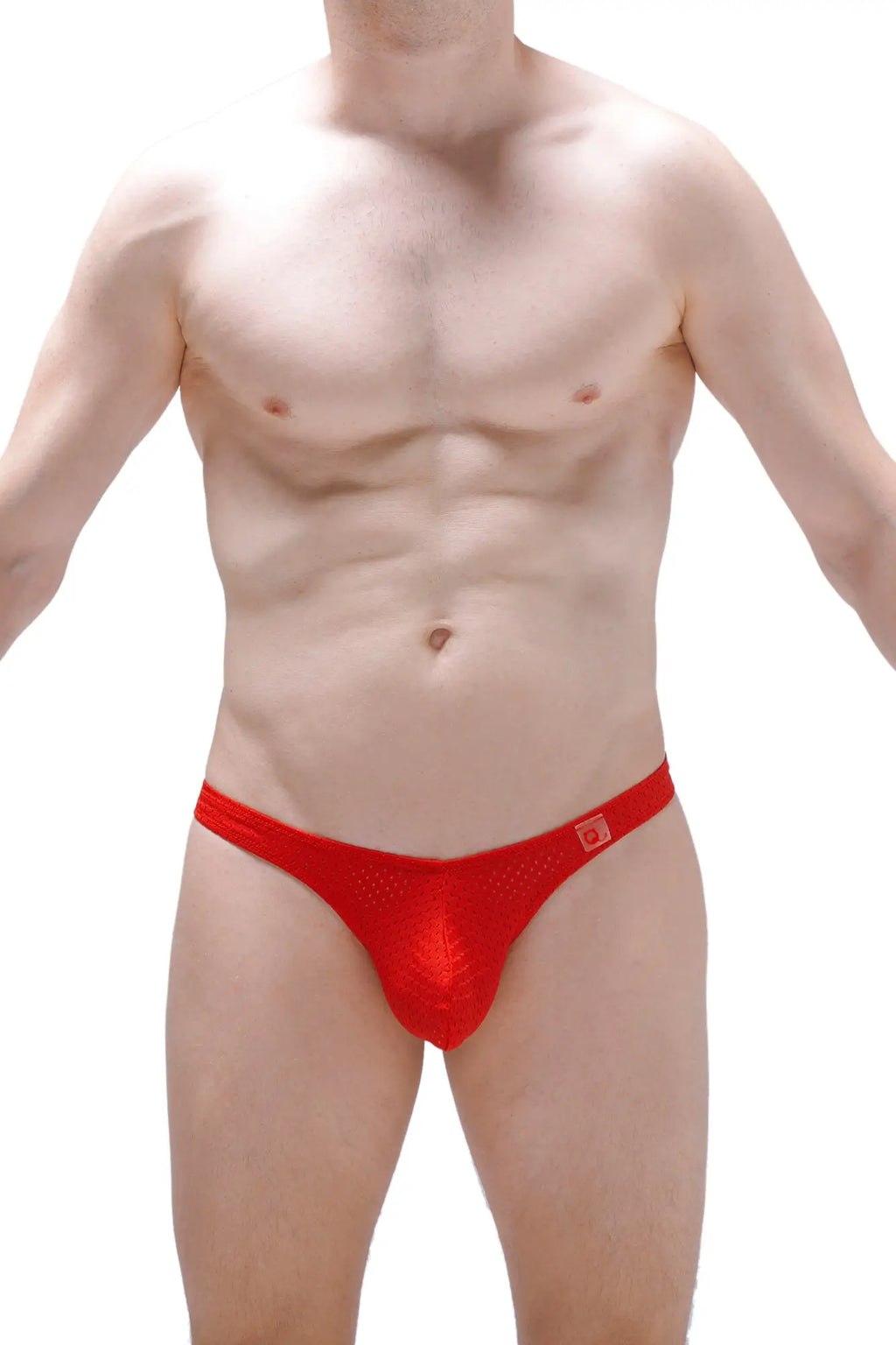Red mesh briefs with a subtle textured pattern and small logo on the waistband from petitq thong lasso cockring bee red collection