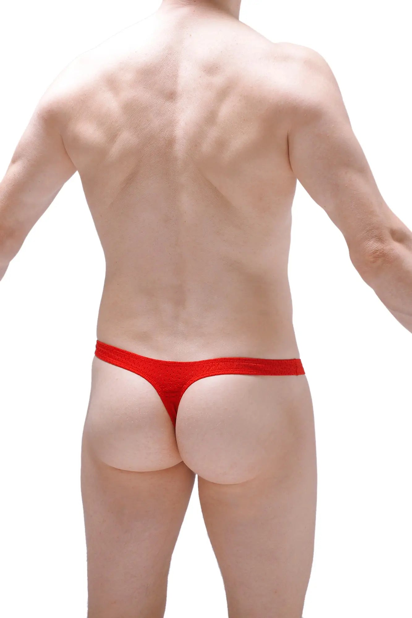 Red petitq thong lasso cockring bee featuring a form-fitting textured thong design with subtle patterns