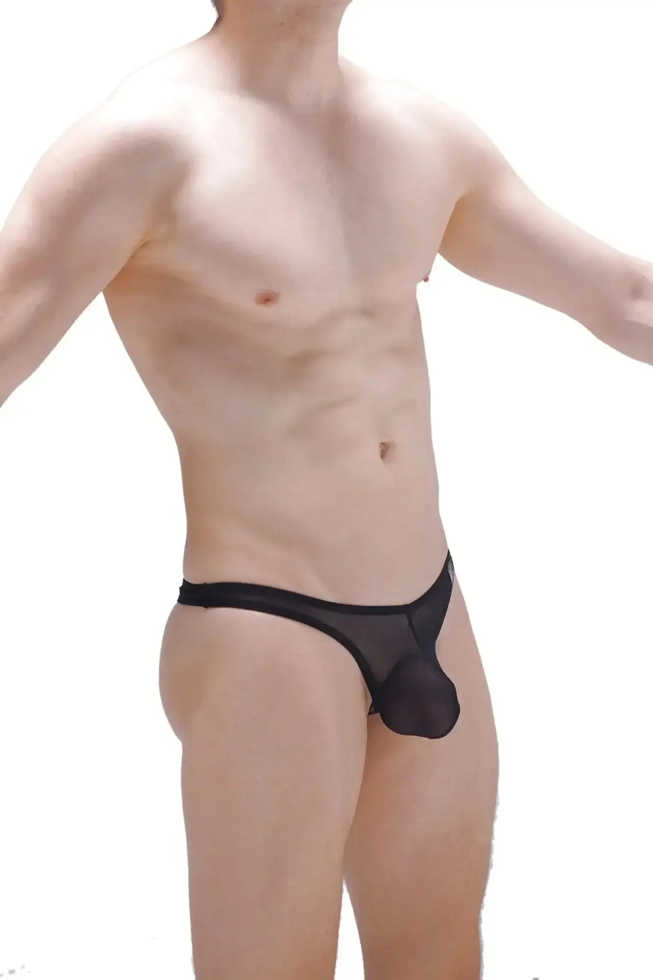 Black sheer mesh thong with solid black waistband from petitq thong lasso cockring detachable net shown from the back