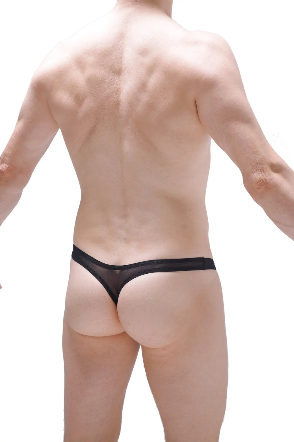 Black sheer mesh thong with solid black waistband shown from the back part of petitq thong lasso cockring detachable net