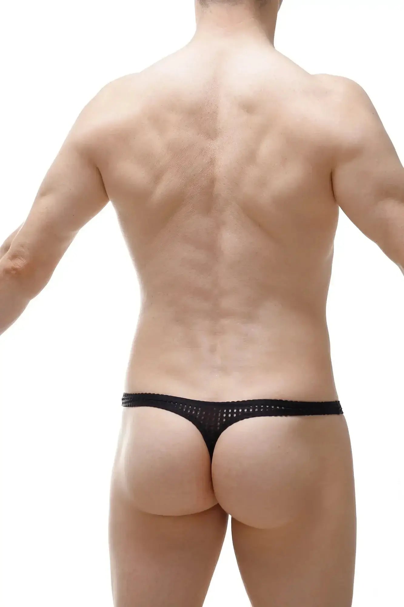 Black mesh thong with sleek form-fitting design from petitq thong lasso cockring durtol black shown from back side