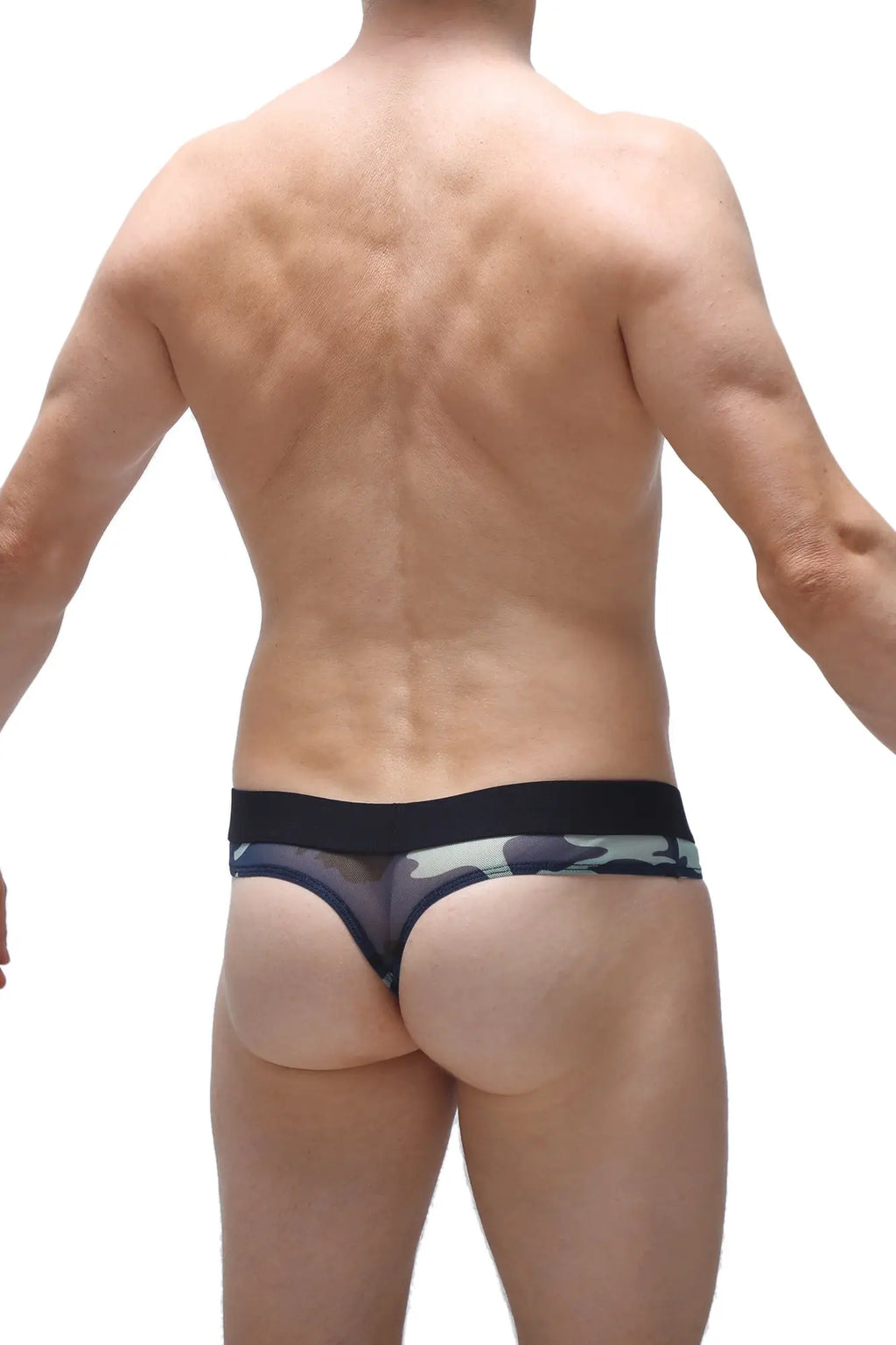Black and gray camouflage patterned thong with solid black waistband from petitq thong lasso cockring net camo line
