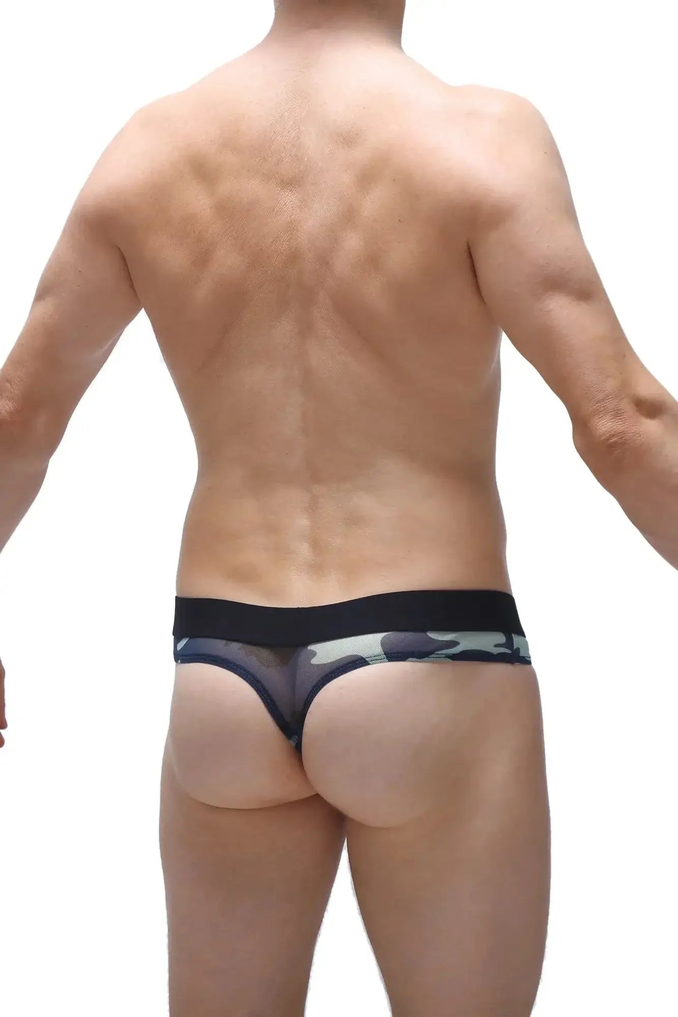 Black and gray camouflage patterned thong with solid black waistband from petitq thong lasso cockring net camo line