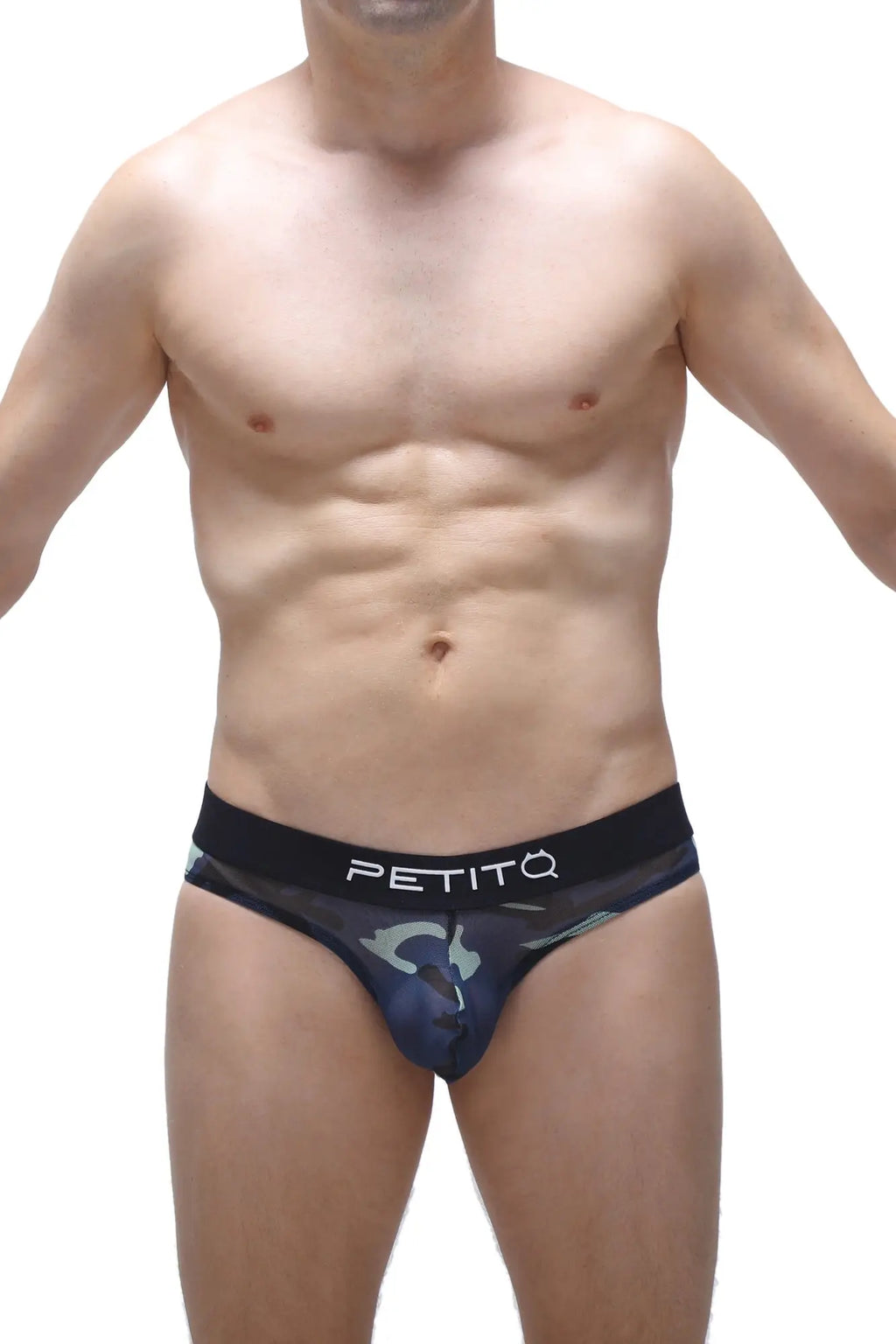 Dark blue and black camouflage petitq thong with lasso cockring in a sleek form-fitting design