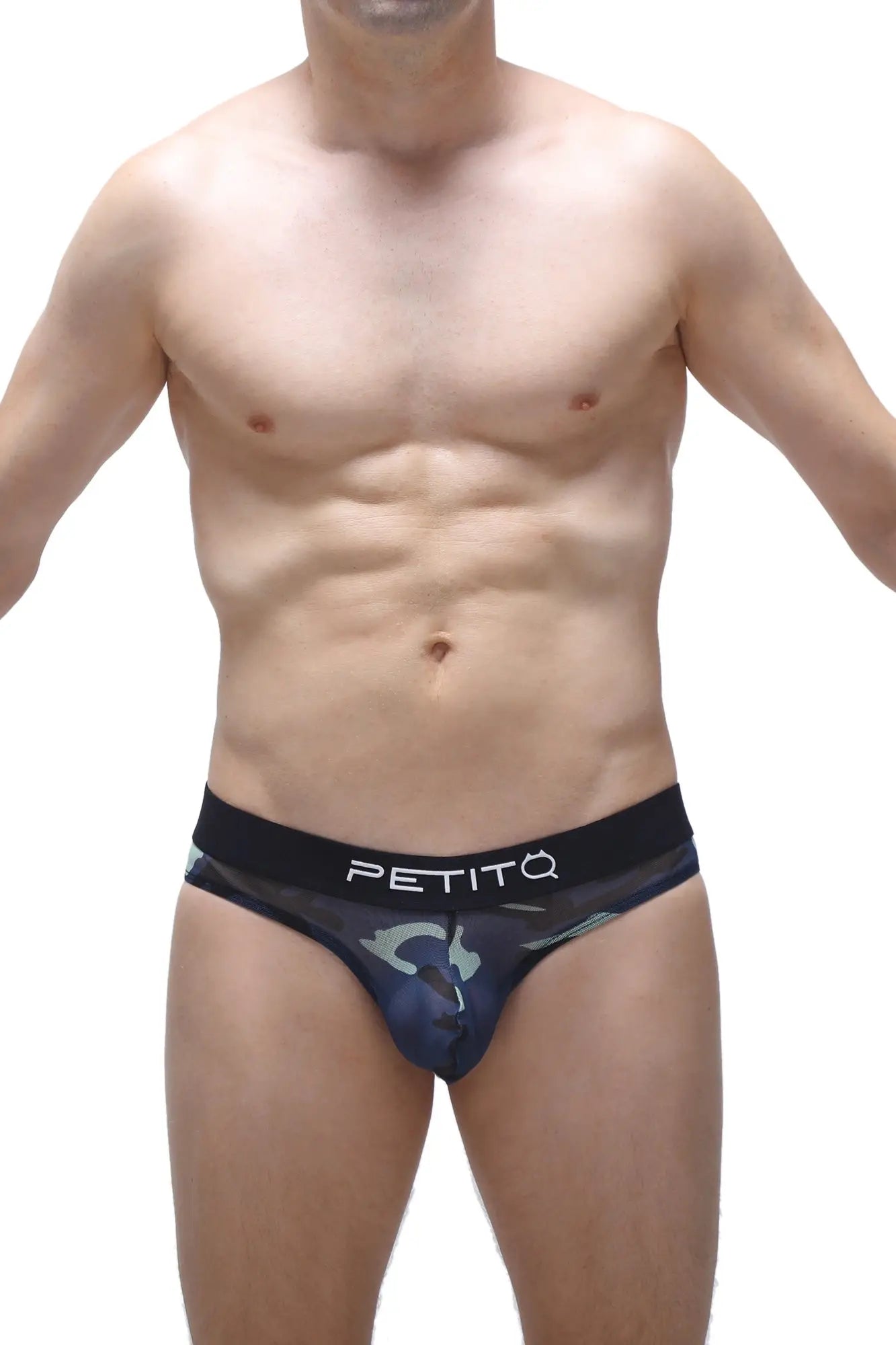 Dark blue and black camouflage petitq thong with lasso cockring in a sleek form-fitting design