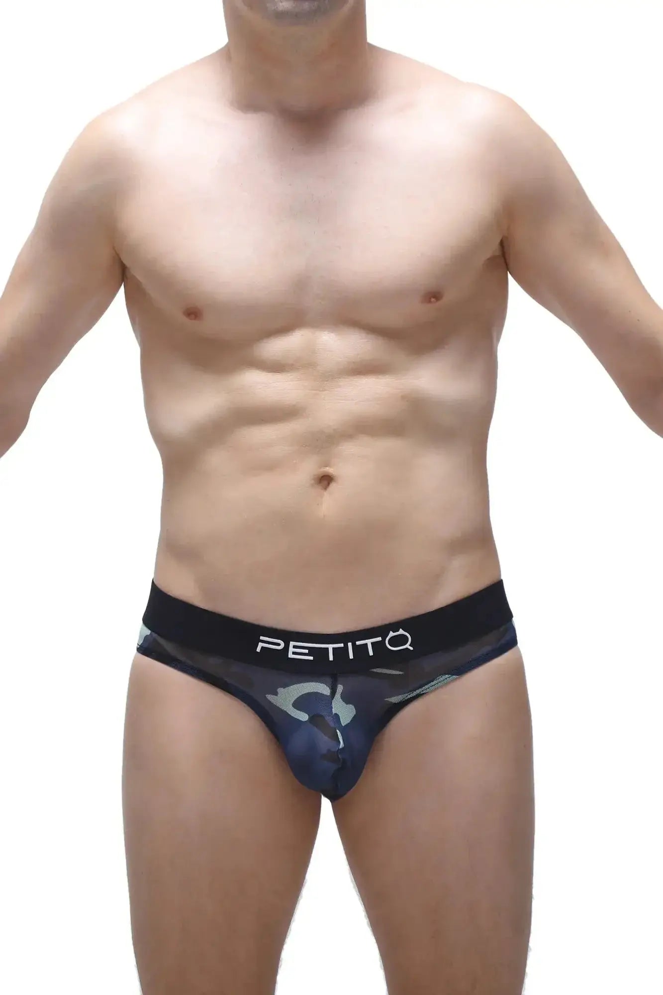Dark blue and black camouflage petitq thong with lasso cockring in a sleek form-fitting design