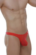 Red sheer mesh thong with contoured design from petitq thong lasso cockring in plum crimson color