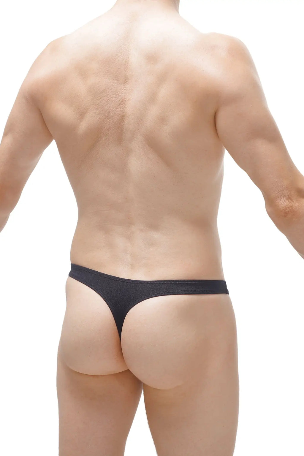 Black thong petitq loroy joe made of smooth stretchy fabric with a narrow waistband shown from the back