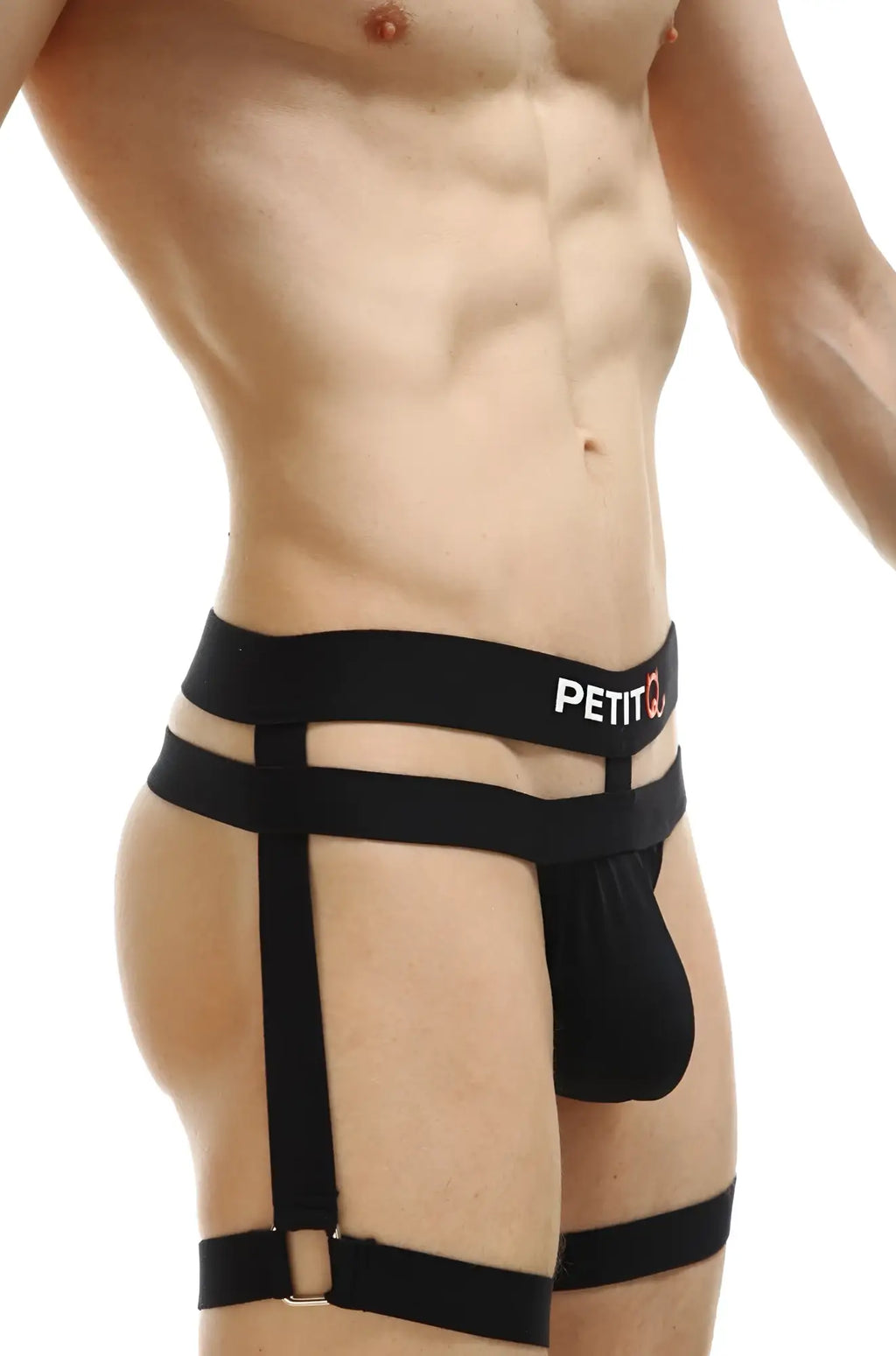 Black men’s harness-style briefs in maizey black with a branded waistband from petitq showing the back side