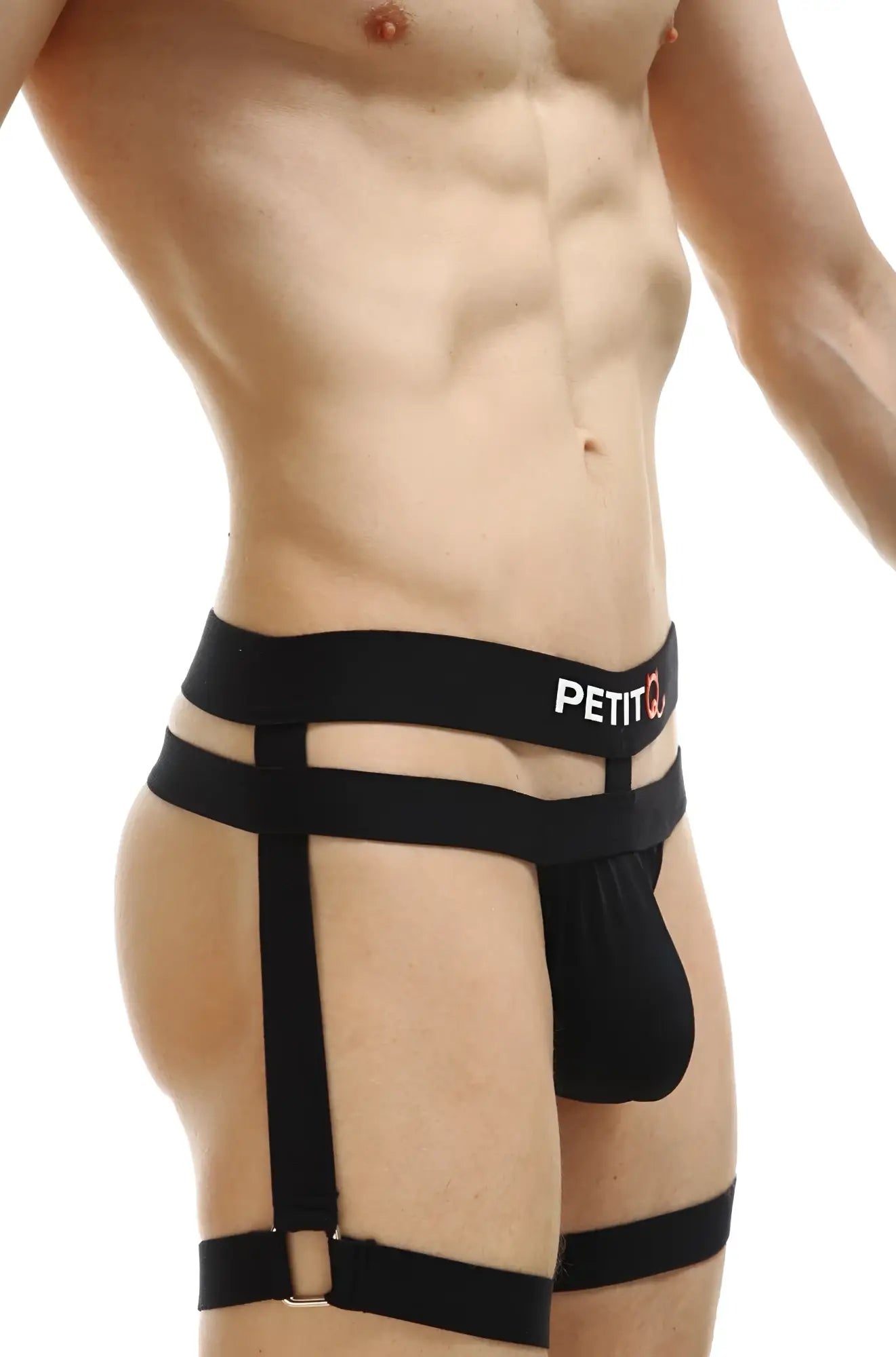 Black men’s harness-style briefs in maizey black with a branded waistband from petitq showing the back side