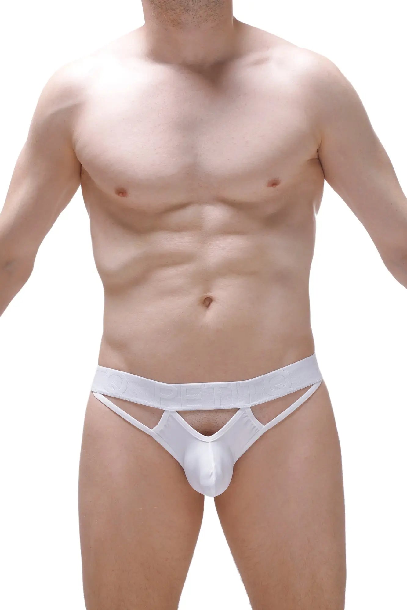 White sleek form-fitting petitq thong mano men’s underwear with distinctive cutout design front view