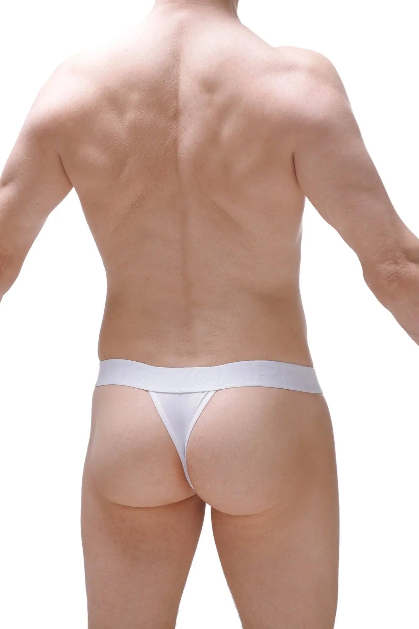 White thong underwear by PetitQ featuring a smooth, form-fitting design in white fabric, front view