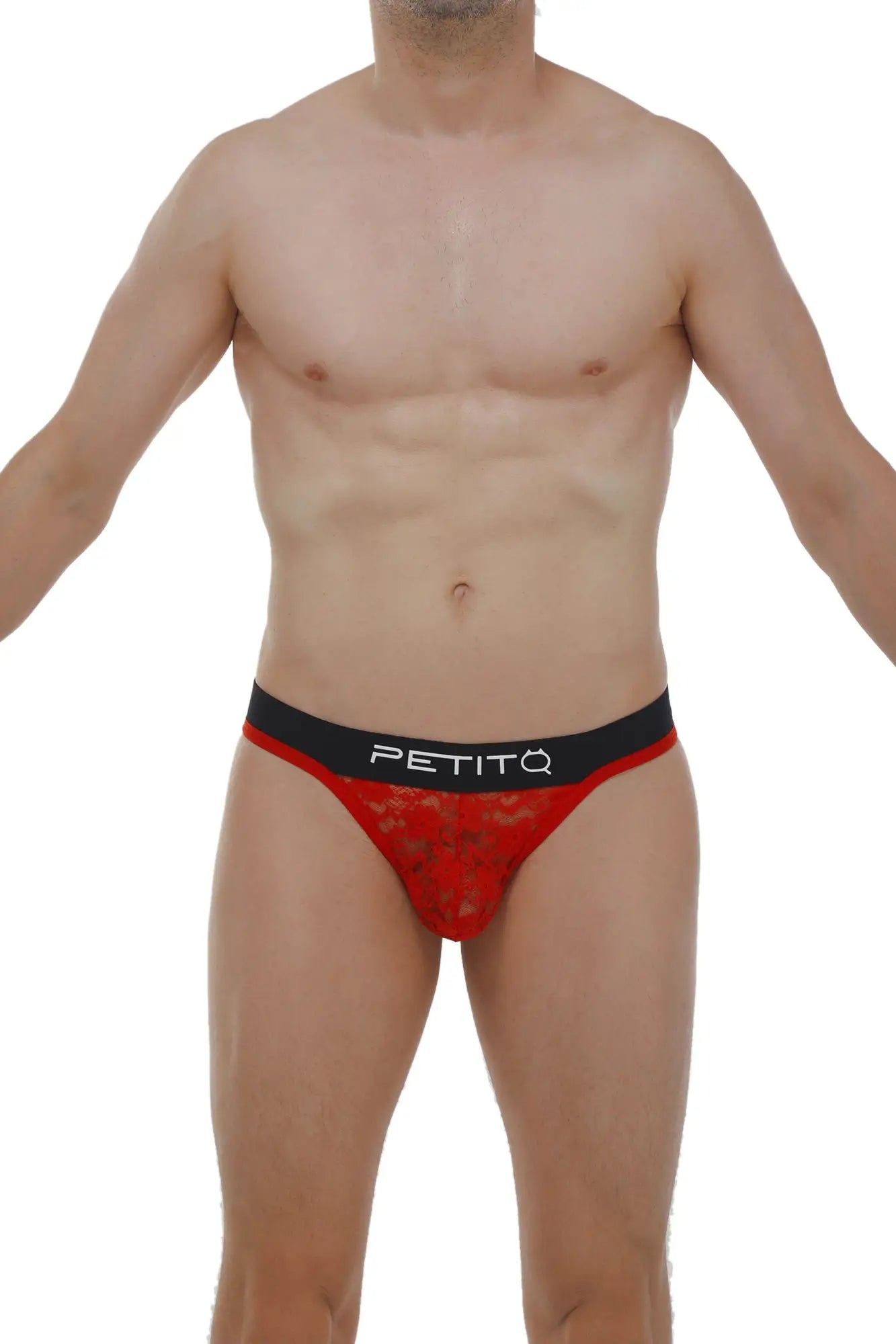 Red lace men’s briefs with black petitq branded waistband from the petitq thong maulay lace red collection