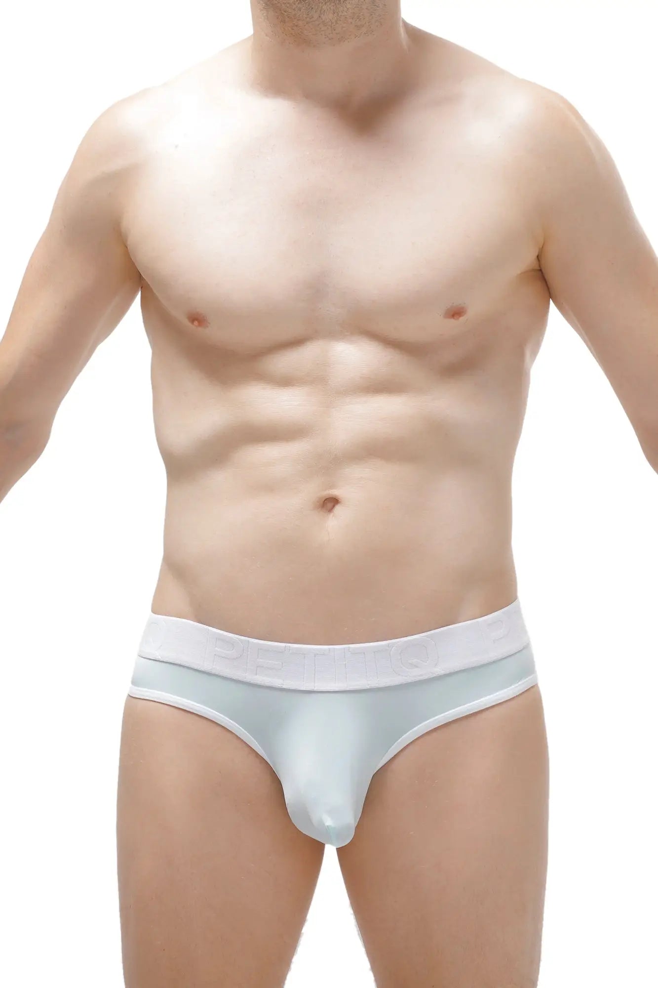 Light blue glossy men’s briefs with white elastic waistband from petitq thong méditerranée plum teal collection