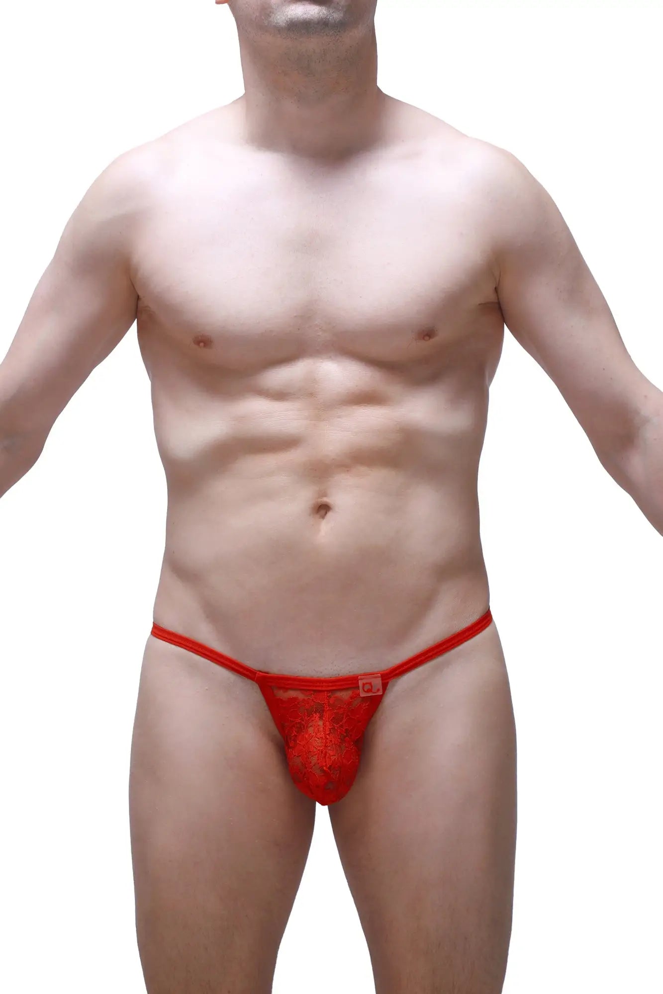 Red lace thong with floral pattern and small square logo on waistband from petitq thong migny lace red collection
