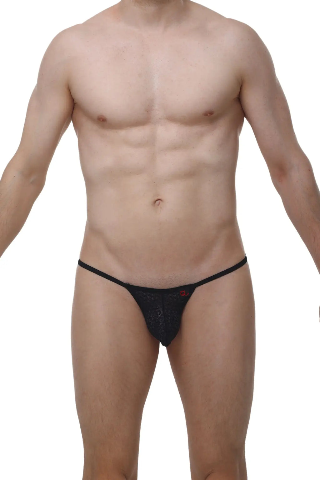 PetitQ thong Migny Macra black black lace thong with thin waistband and subtle red logo detail shown from the back side