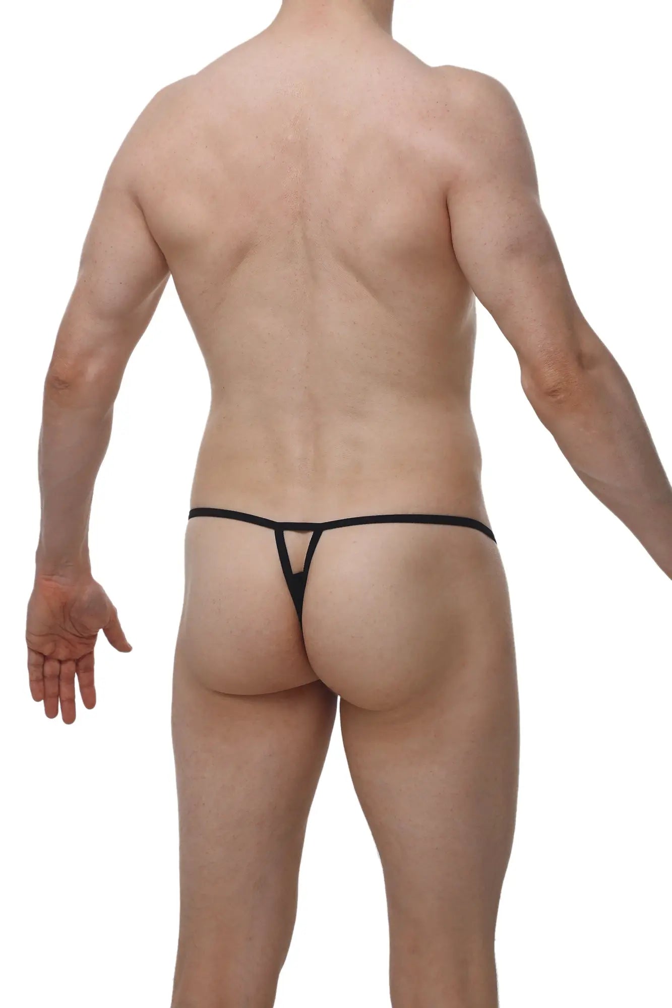 Black thong petitq thong migny macra black with thin sleek design and minimalistic cut shown from the back side