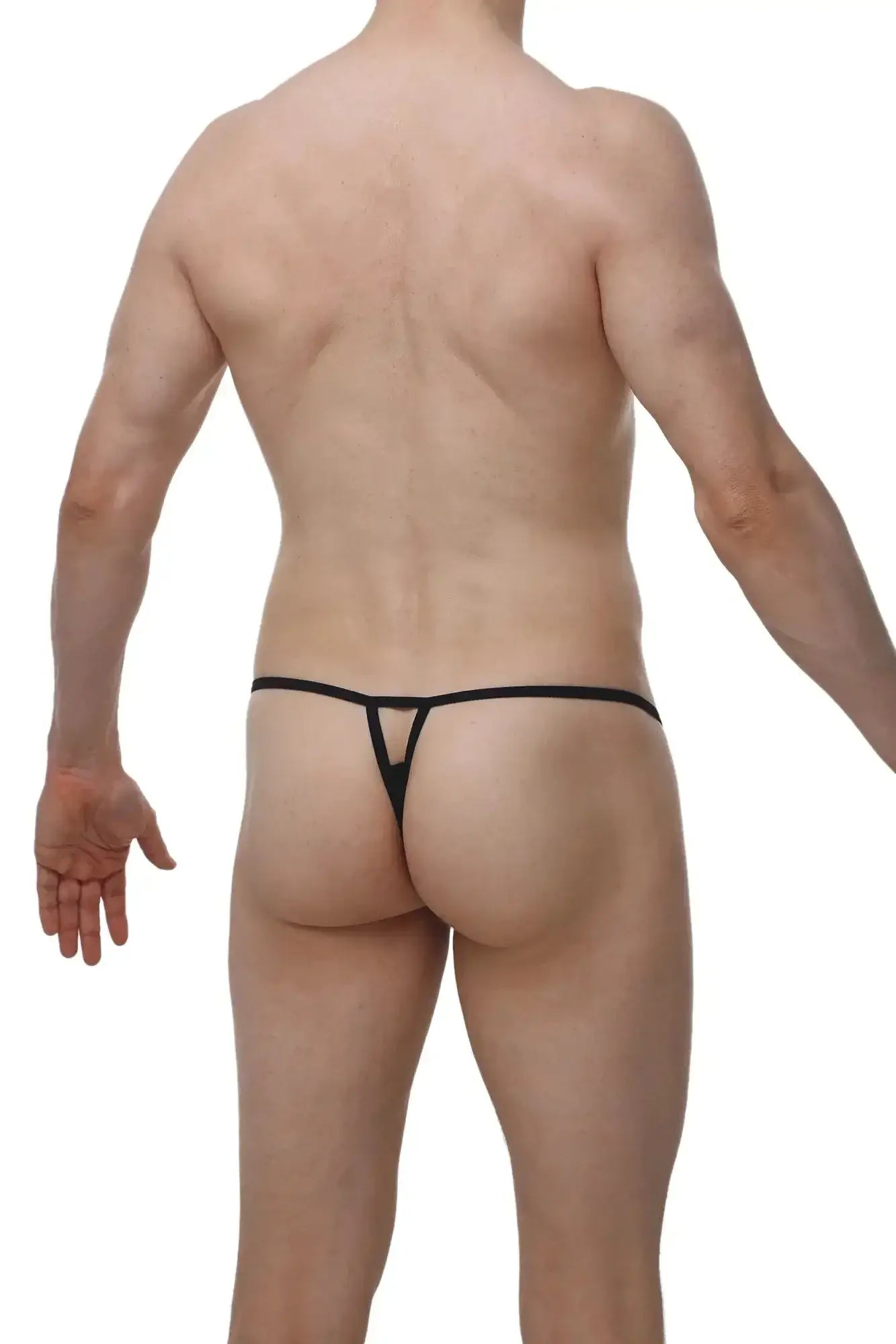 Black thong petitq thong migny macra black with thin sleek design and minimalistic cut shown from the back side