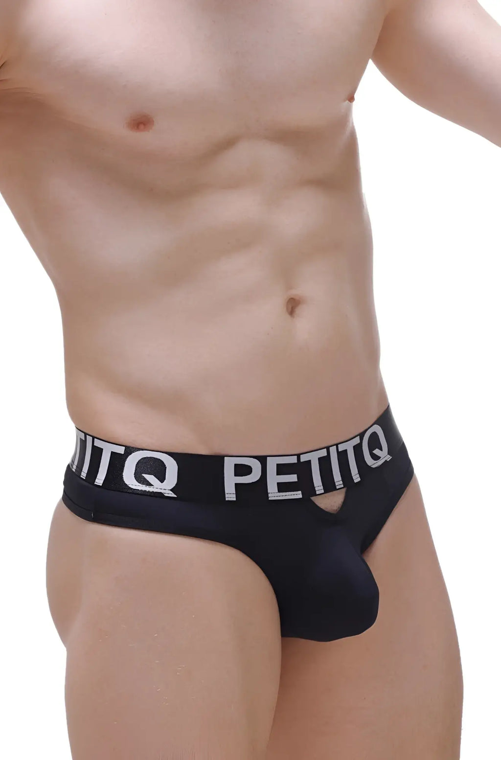 Black petitq men’s briefs with white logo waistband and cutout detail for a stylish comfortable fit
