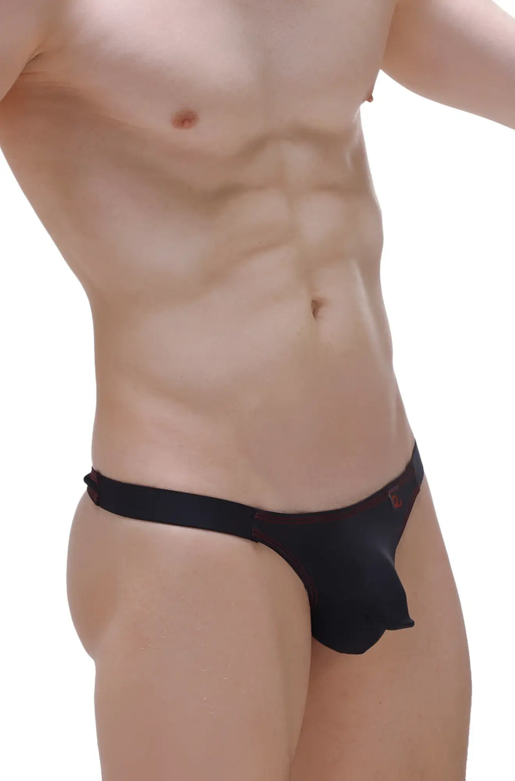 Black men’s briefs petitq thong mothern black with a red logo on the waistband shown from the back side