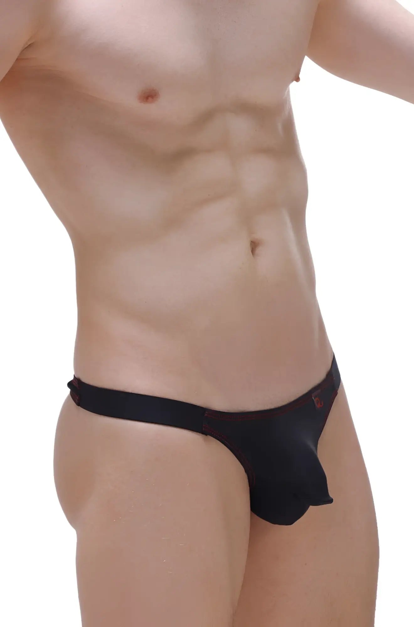 Black men’s briefs petitq thong mothern black with a red logo on the waistband shown from the back side