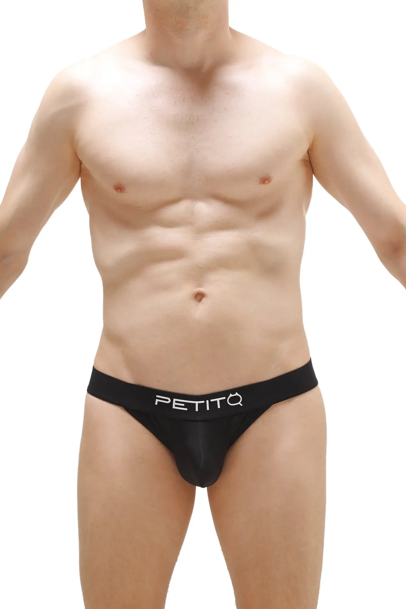 Black petitq thong myriol briefs with sleek form-fitting design and white logo on waistband front view
