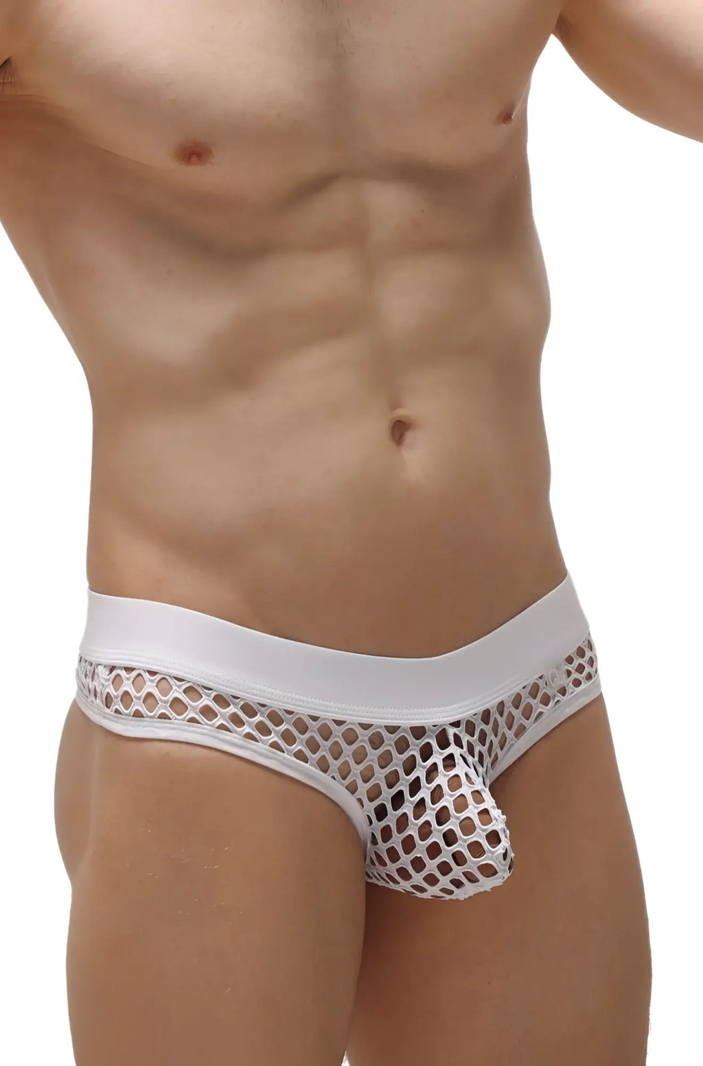Petitq thong nivac white white mesh briefs with solid white waistband shown from the back side
