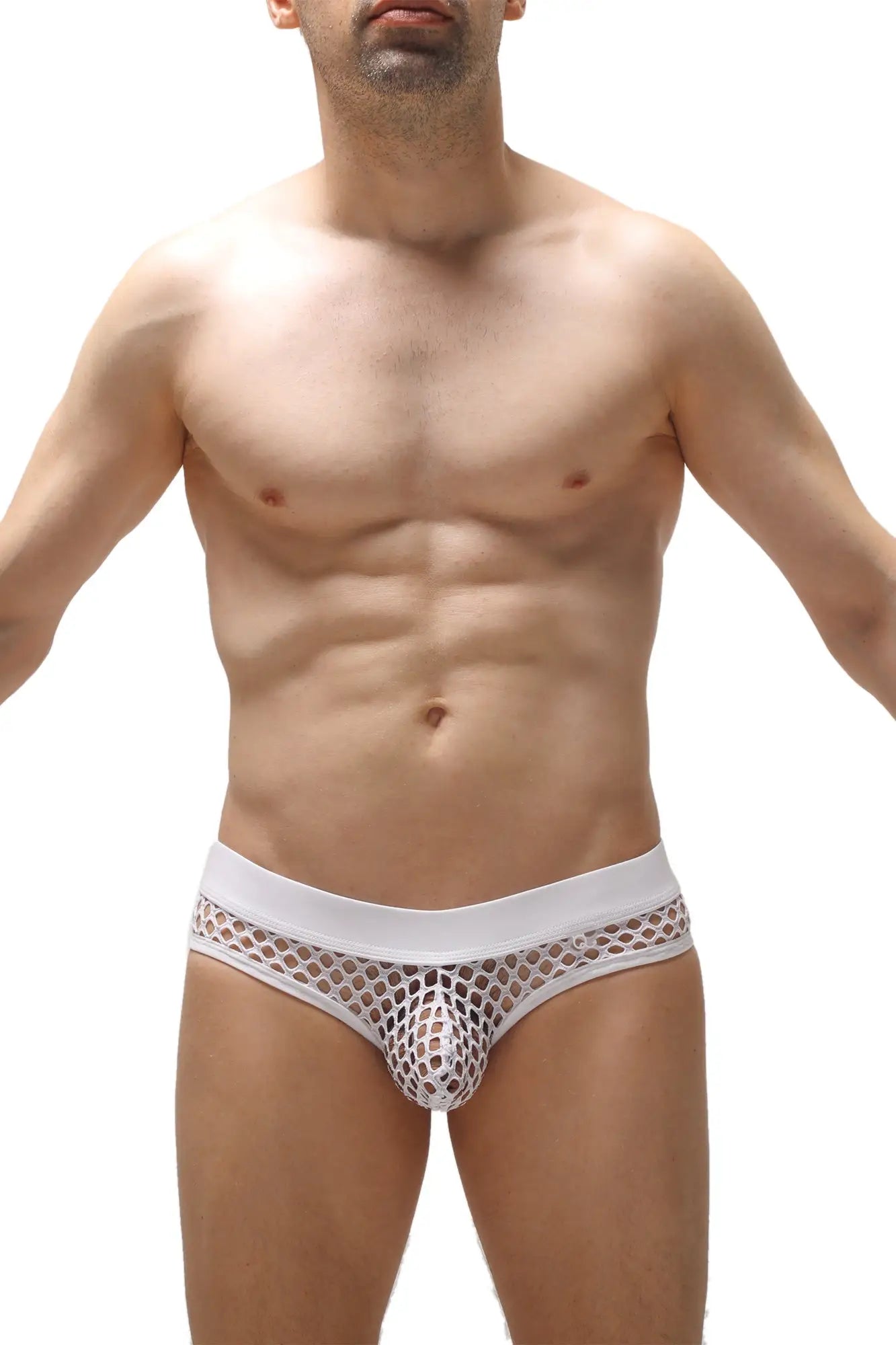 Petitq thong nivac white white mesh briefs with solid waistband and circular perforations front view