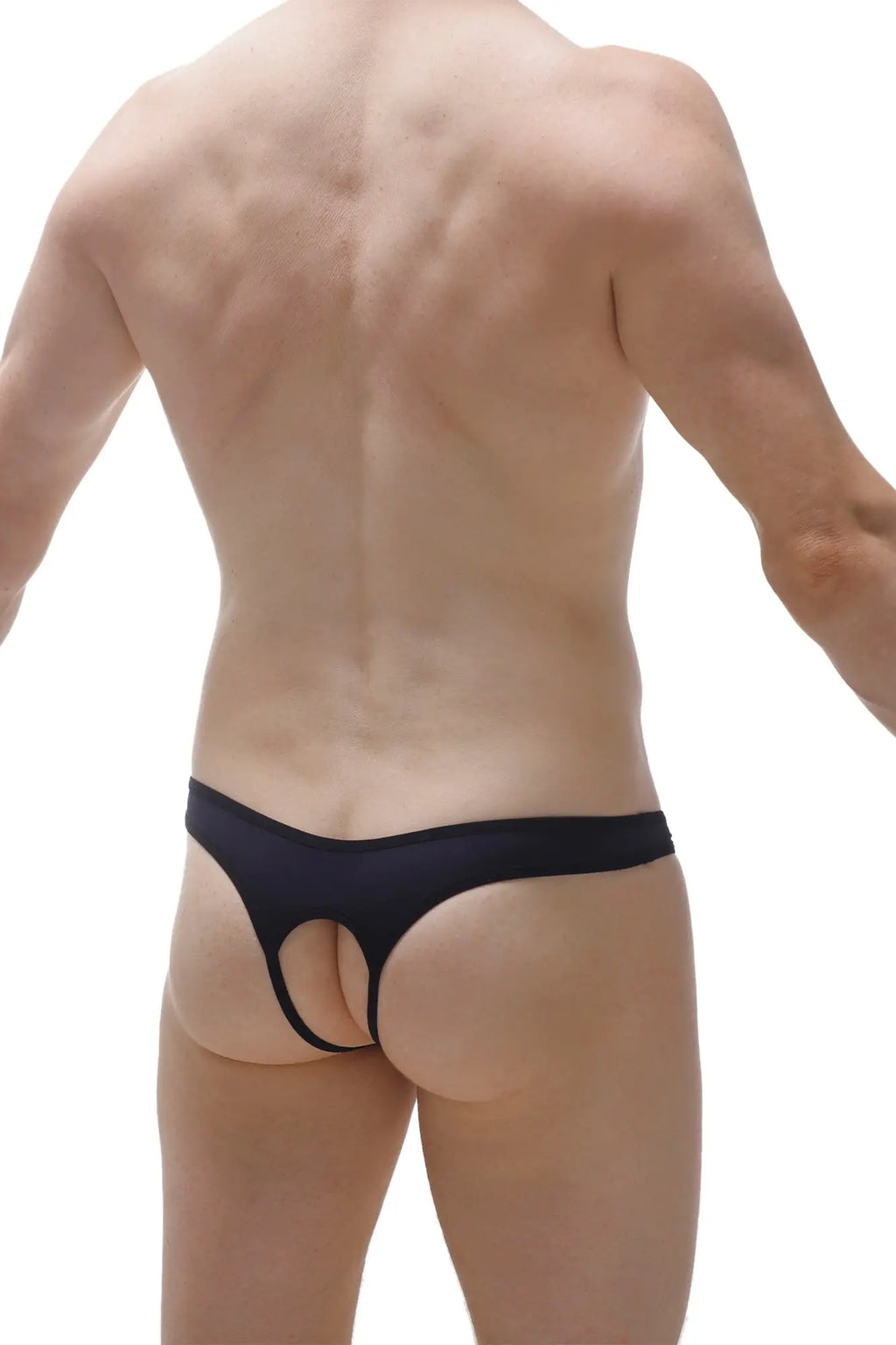 Black petitq thong with open cutout design showing back side made of soft fabric for comfortable wear