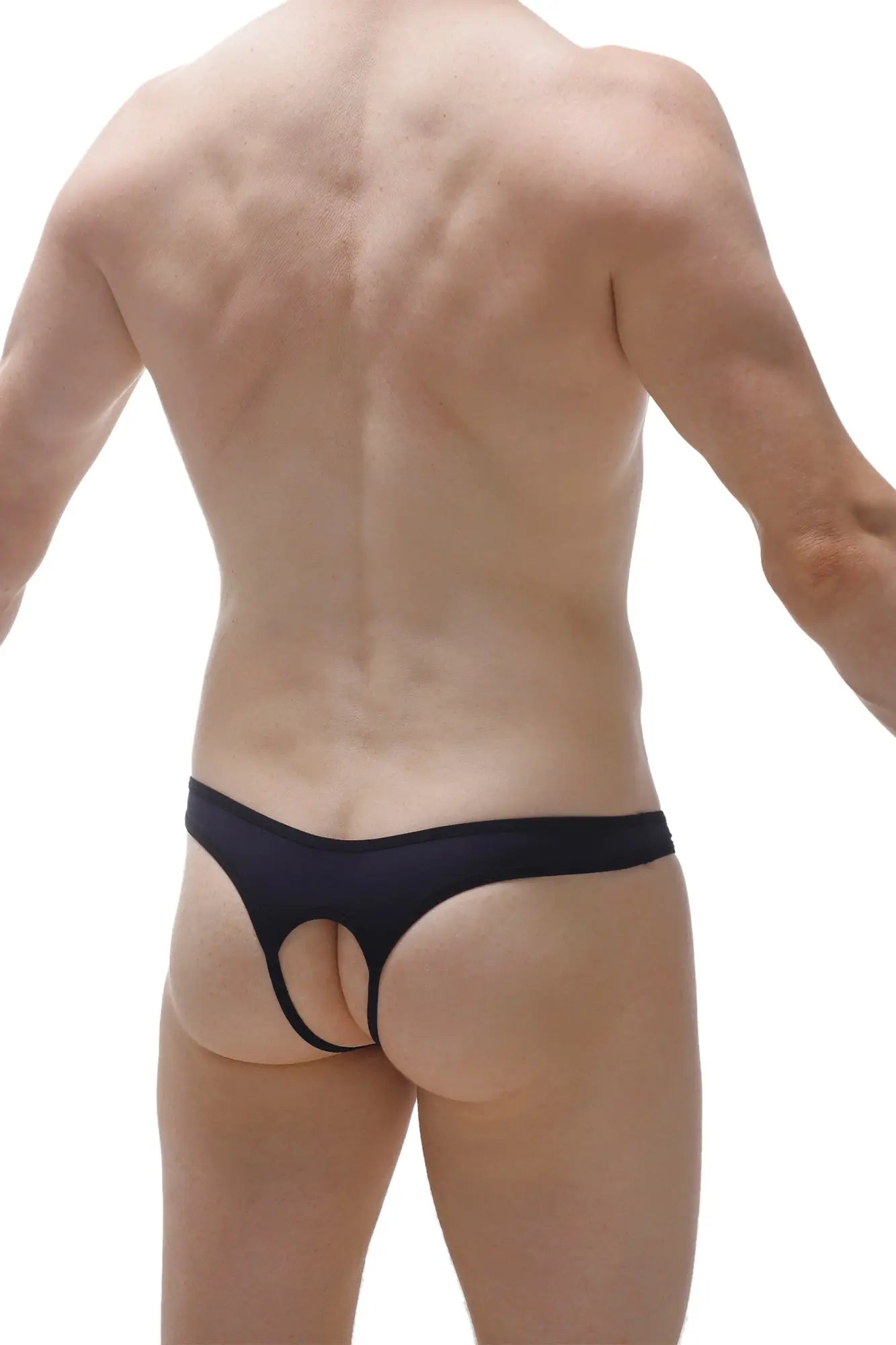 Black petitq thong with open cutout design showing back side made of soft fabric for comfortable wear