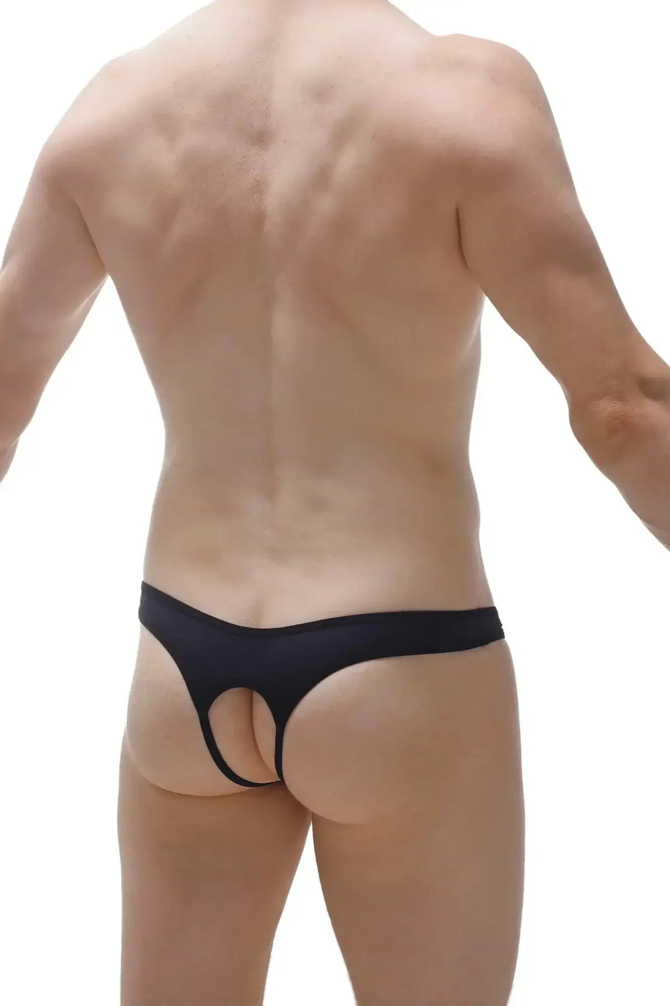 Black petitq thong with open cutout design showing back side made of soft fabric for comfortable wear