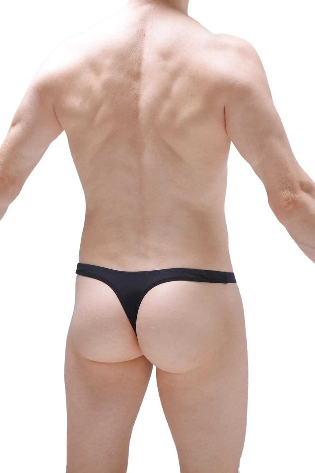 Black PetitQ thong underwear with smooth, form-fitting design shown from the back side