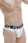 Petitq thong with pad modal white petitq white briefs with black waistband and brand name in bold white lettering