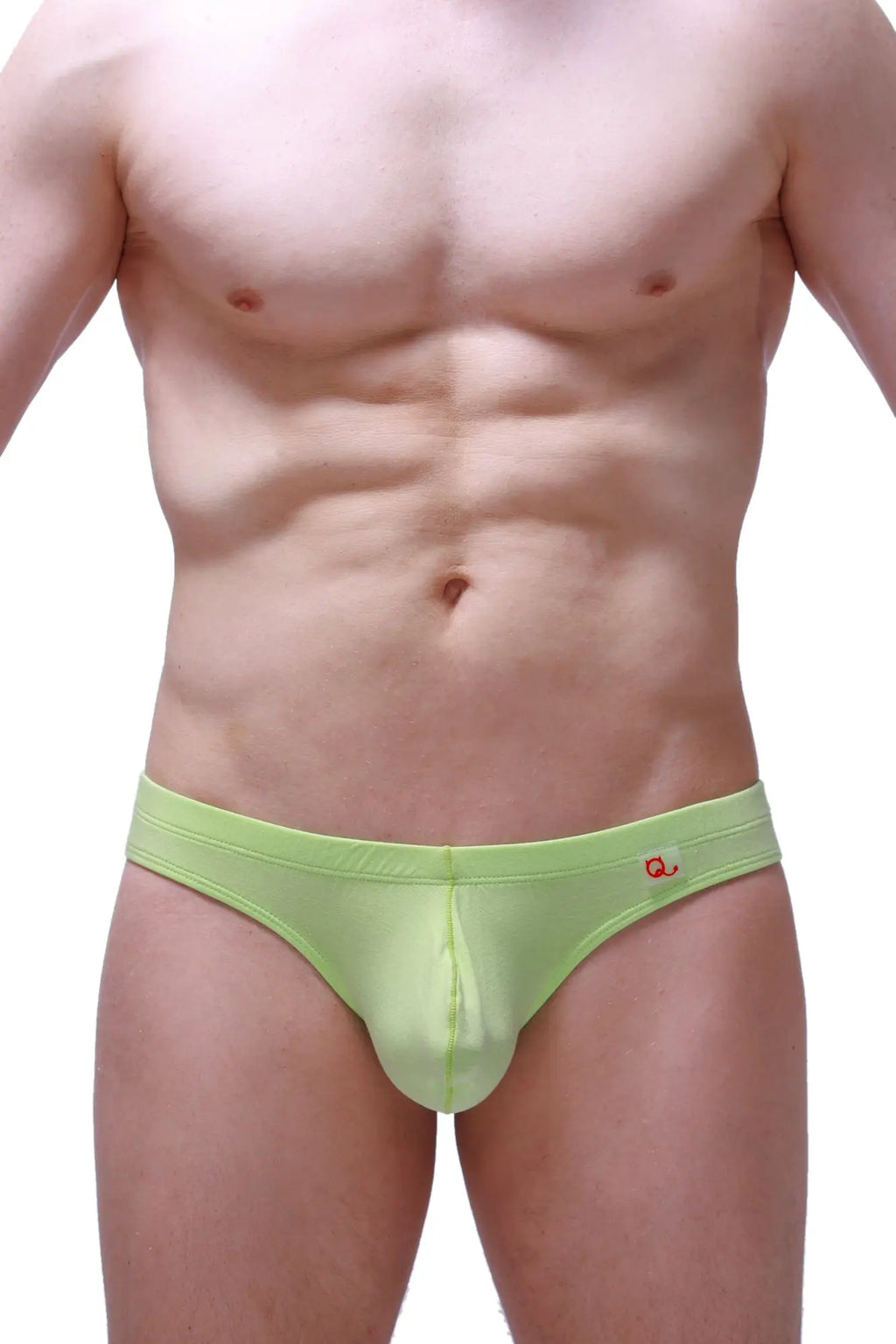 Lime green petitq thong briefs with bamboo fabric and a small red logo on the waistband