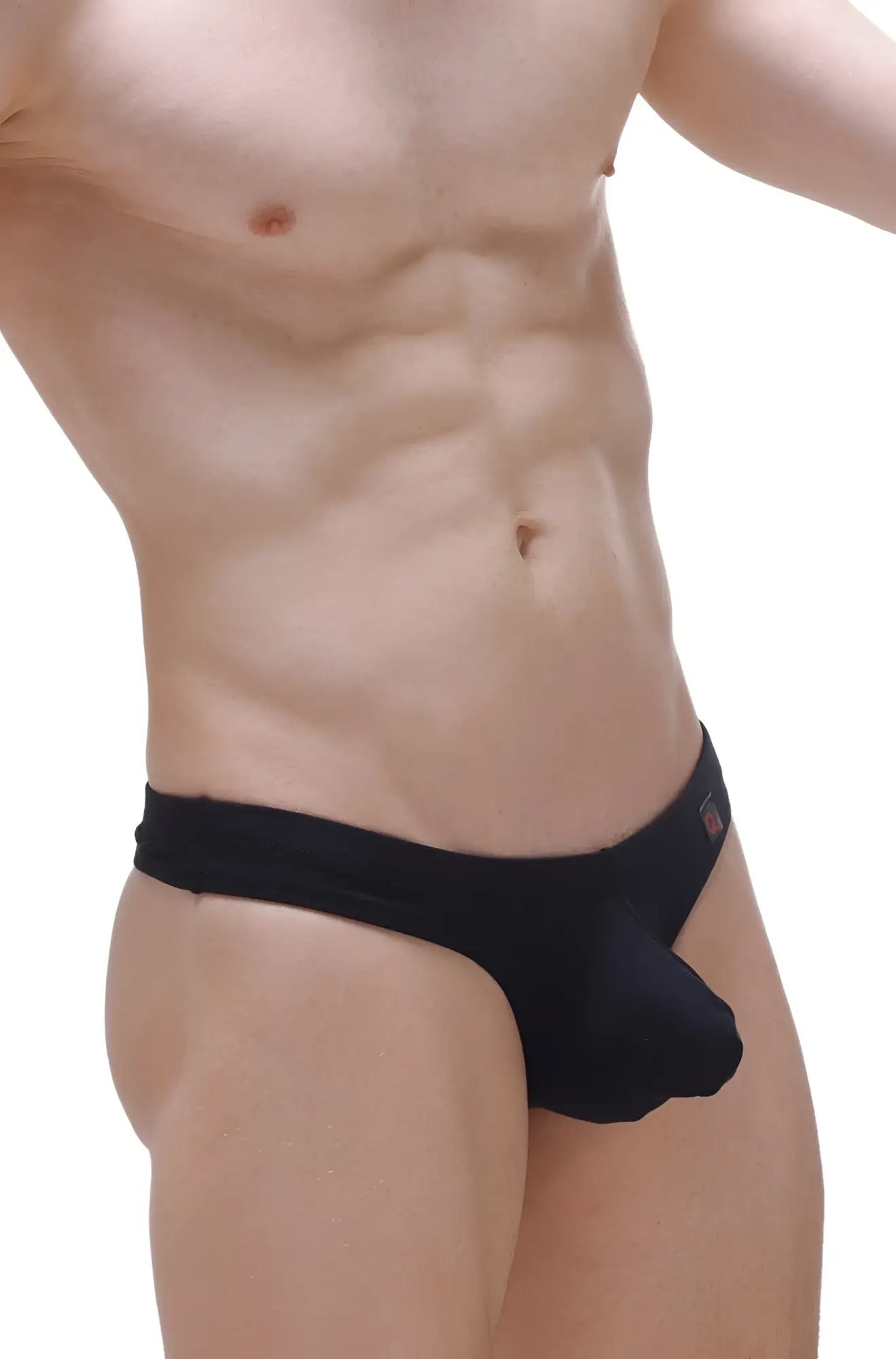PetitQ thong Pensal black mens briefs with a snug form-fitting design and small red logo on the waistband