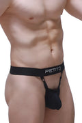 Black petitq thong pinces jockstrap with smooth elastic waistband and adjustable straps shown from the back side