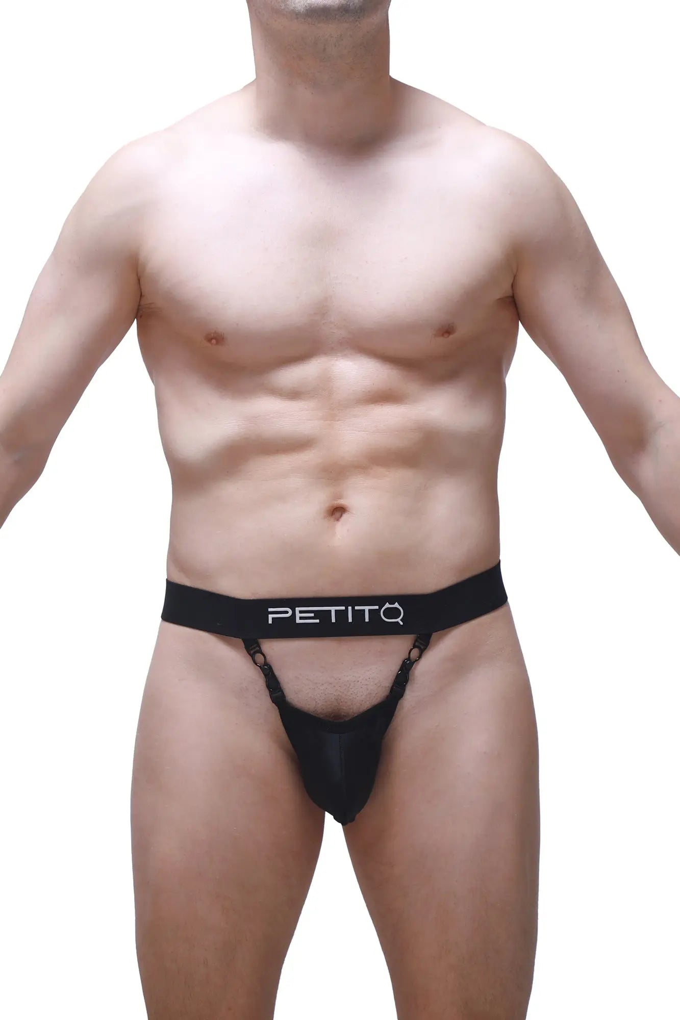 Black PetitQ thong with sheer mesh front and lace trim designed for comfortable stylish wear