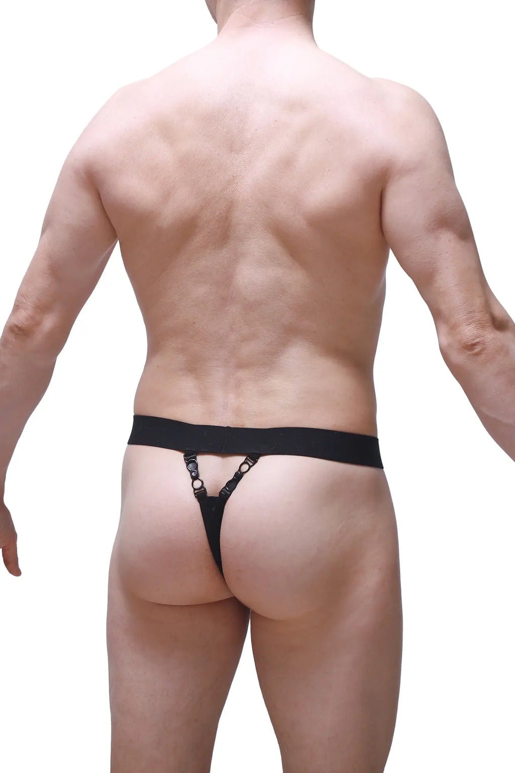 Black thong with wide waistband and adjustable straps by PetitQ shown from the back in sleek black material