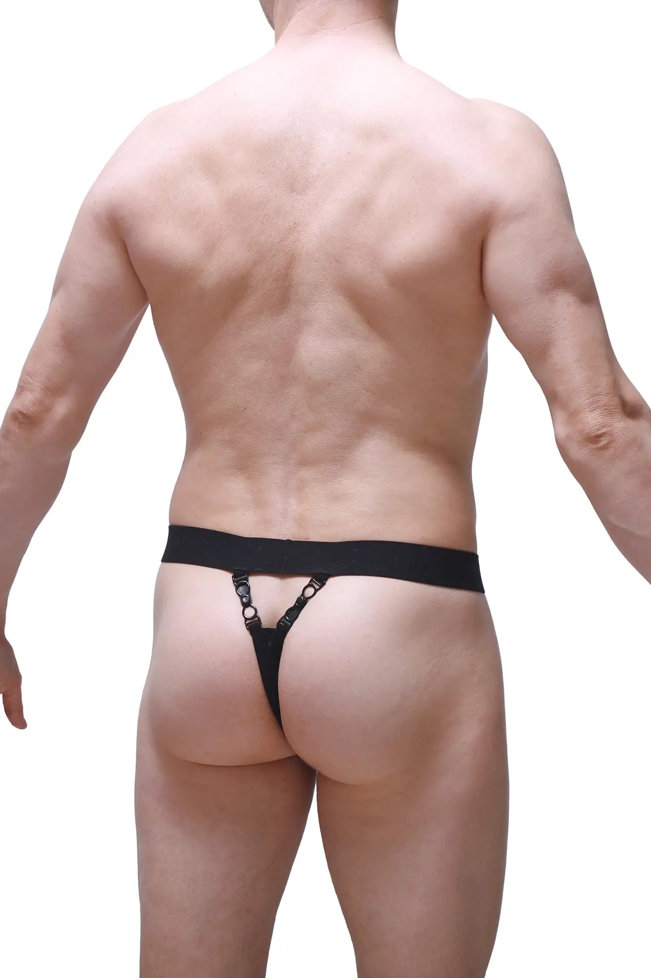 Black thong with wide waistband and adjustable straps by PetitQ shown from the back in sleek black material