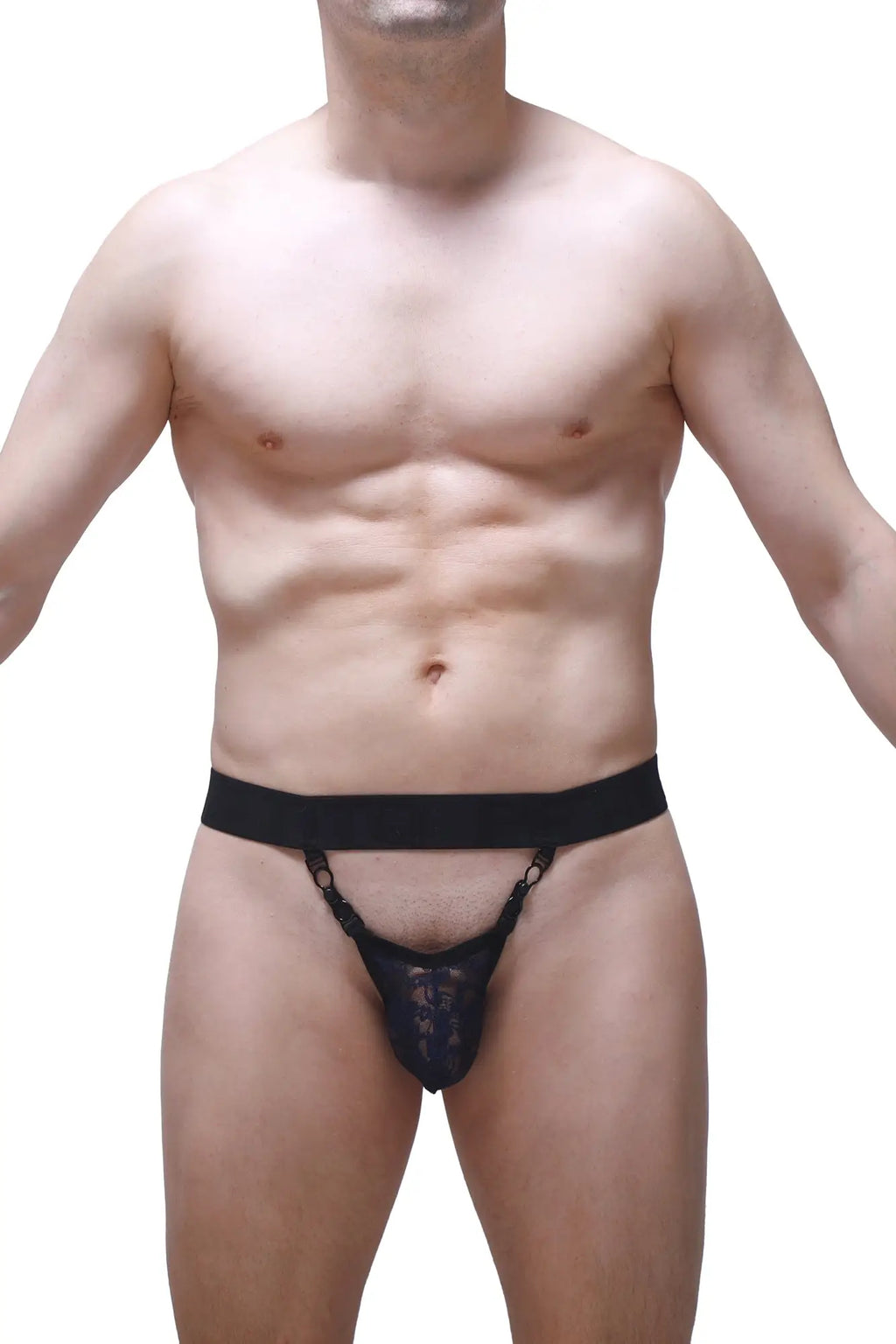 Black lace thong with wide elastic waistband and decorative chain detailing from petitq in navy color shown from back