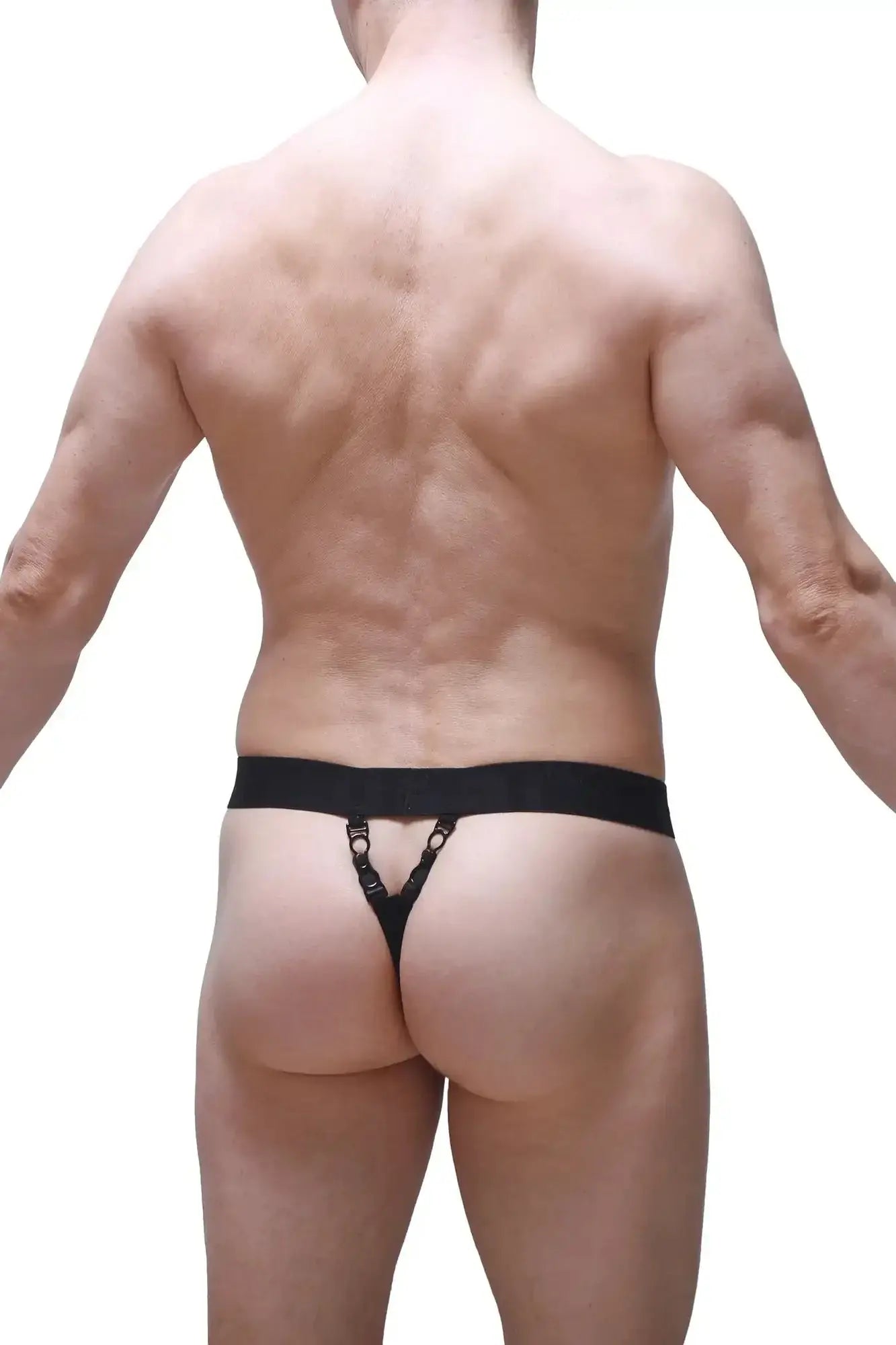 Black thong with wide waistband and decorative metal rings at the back in navy lace petitq thong pinces lace navy