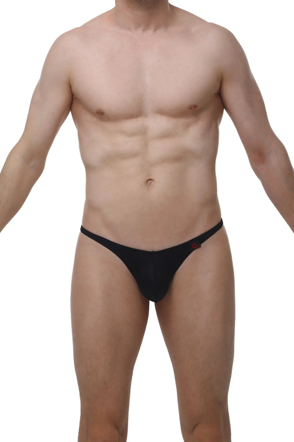 Black petitq thong plellis joe black with a small red logo on the side showing the back side of the product