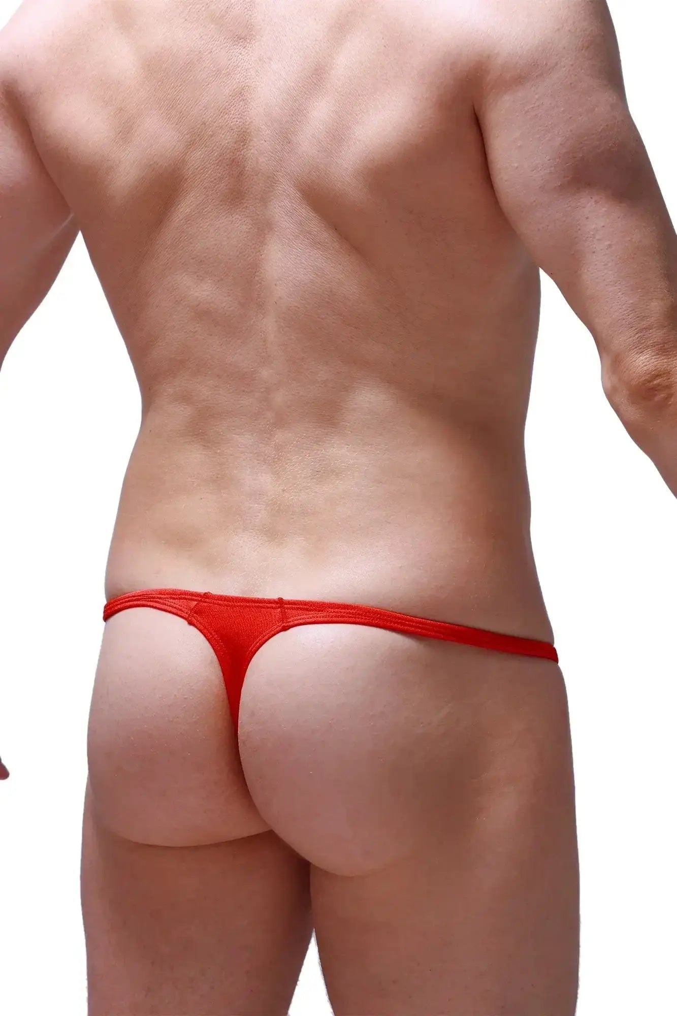 Petitq thong plellis joe red red thong with snug form-fitting design shown from the back side