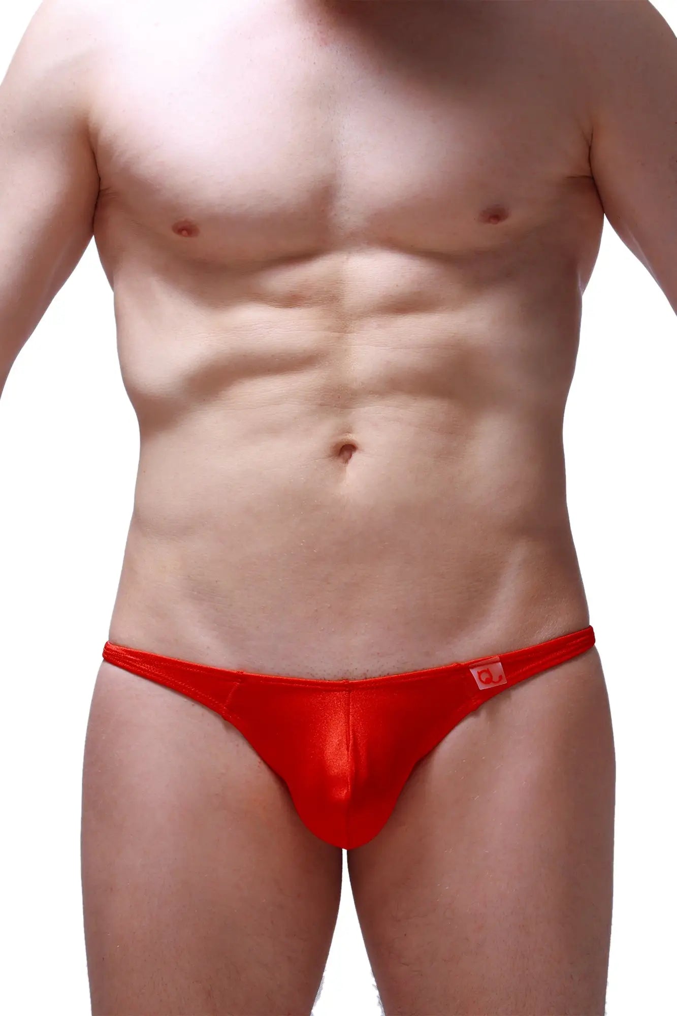 Red shiny form-fitting thong with small logo on waistband shown from the back in petitq thong plellis joe red