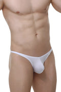 White petitq thong made of smooth stretchy fabric with a form-fitting design shown from the back side